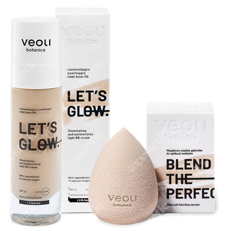 Veoli Botanica Let's Glow + Blend The Perfection ZESTAW Rozświetlająco-nawilżający lekki krem BB (1.5 Kolor Ivory) 30 ml + Gąbeczka do makijażu 1 szt
