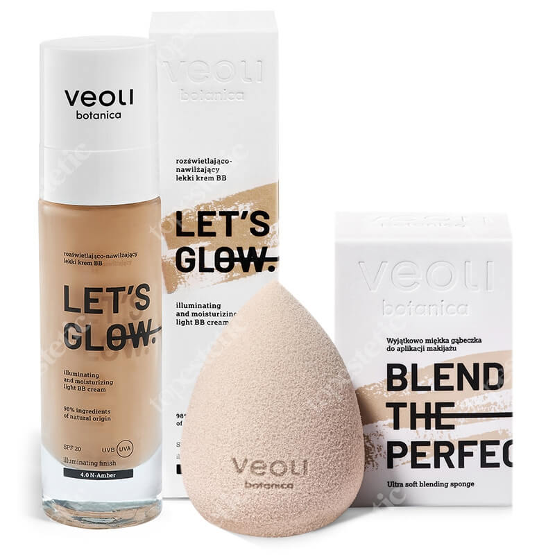 Veoli Botanica Let's Glow + Blend The Perfection ZESTAW Rozświetlająco-nawilżający lekki krem BB (4.0 Kolor Amber) + Gąbeczka do makijażu 1 szt