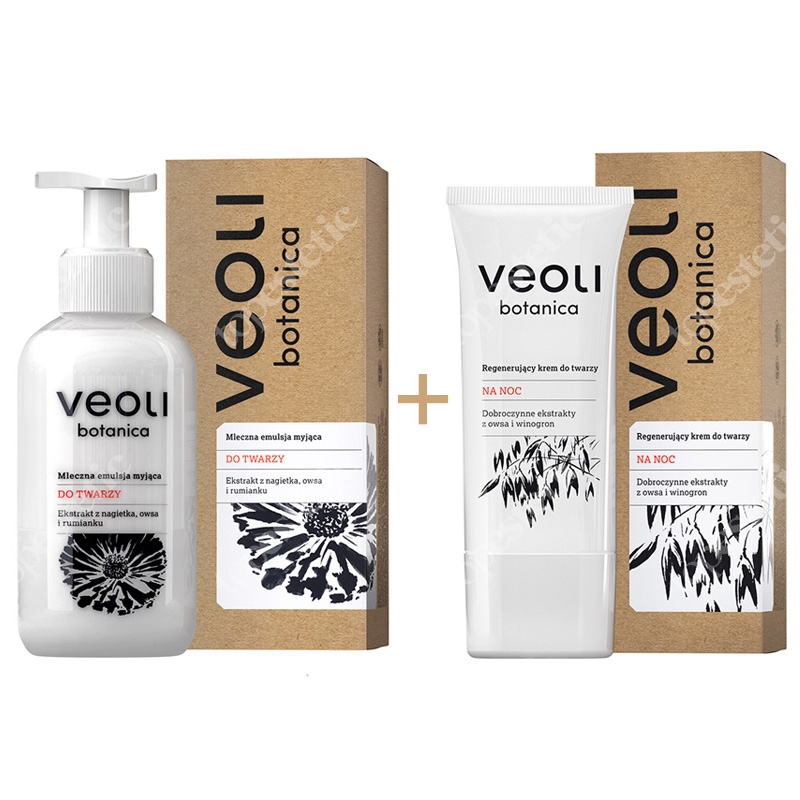 Veoli Botanica Mleczna emulsja myjąca do twarzy + Regenerujący krem do twarzy na noc ZESTAW Ekstrakt z nagietka, owsa i rumianku 145 ml + Dobroczynne ekstrakty z owsa i winogron 50 ml