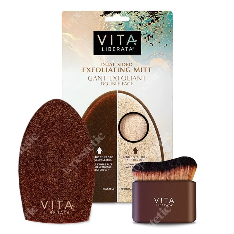 Vita Liberata Peel and App ZESTAW Dwustronna rękawica do aplikacji 1 szt + Dwustronna rękawica peelingująca 1 szt + Pędzel do aplikacji samoopalacza i bronzera 1 szt