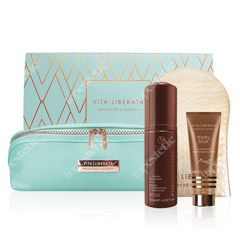 Vita Liberata Vita Liberata Set 2 ZESTAW Rękawiczka do aplikacji + Samoopalająca Pianka - ocień ciemny 125 ml + Bronzer do ciała - kolor Latte 50 ml
