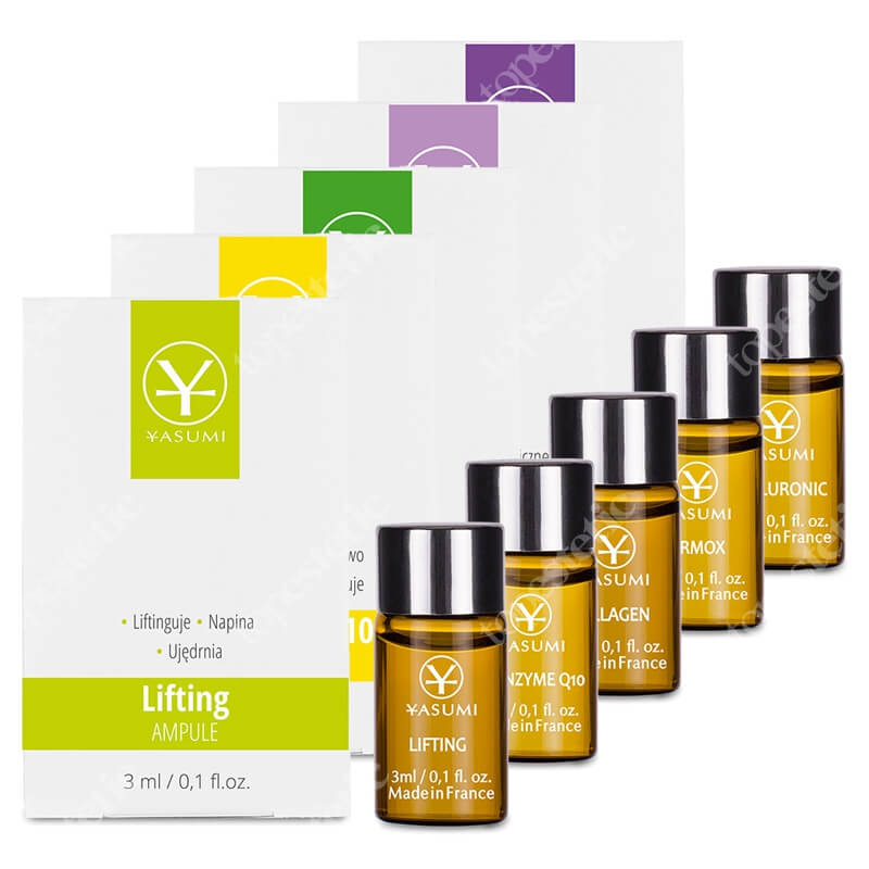 Yasumi Anti Age Set ZESTAW Ampułka hialuronowa 3 ml + Ampułka liftingująca 3 ml + Ampułka Koenzym Q10 3 ml + Ampułka z kolagenem 3 ml + Ampułka z jadem żmii 3ml