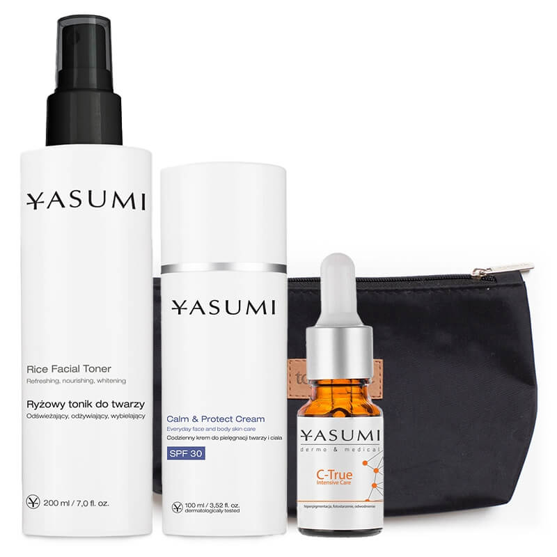 Yasumi Blask i Ochrona ZESTAW Ryżowy tonik 200 ml + Serum z witaminą C 10 ml + Krem SPF 30 100 ml + Kosmetyczka 1 szt