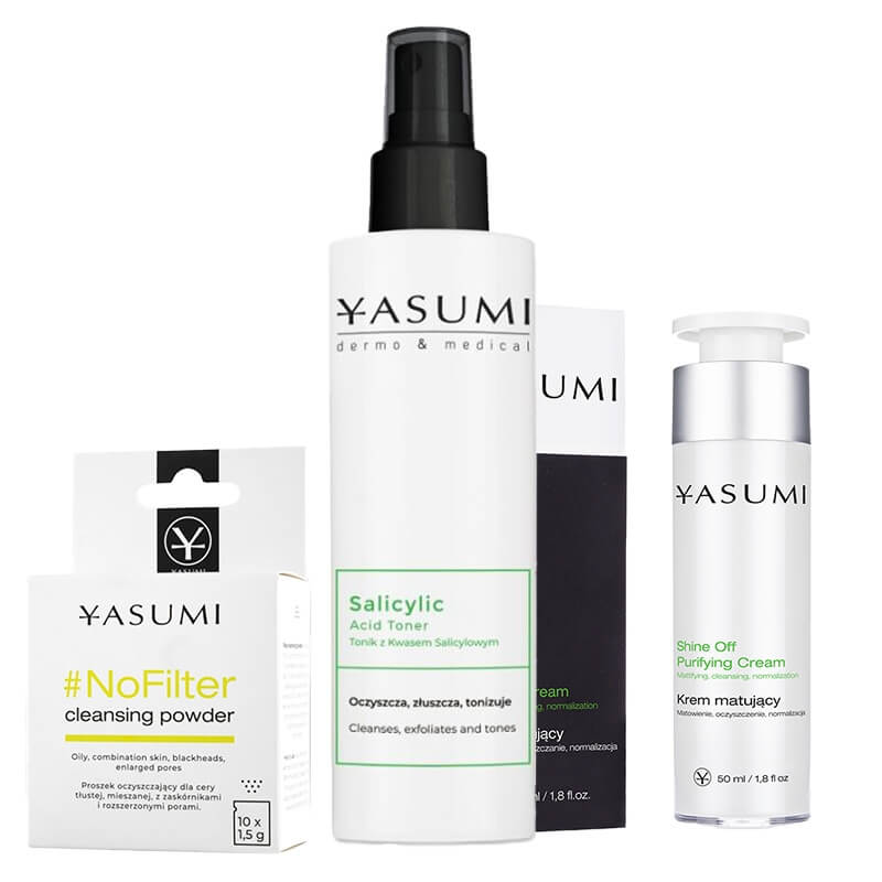 Yasumi Cleansing and Mattifying Set ZESTAW Puder do demakijażu 10 x 1,5 g + Tonik z kwasem salicylowym 200 ml + Matujący krem 50 ml