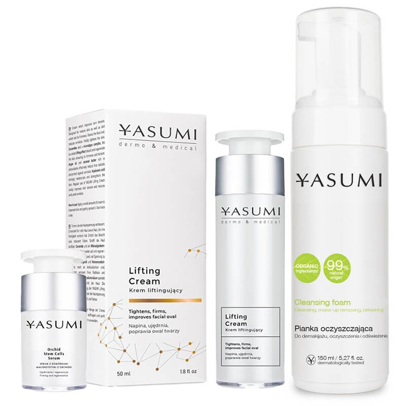 Yasumi Cleansing Foam + Orchid Stem Cells Serum + Lifting Cream ZESTAW Pianka do demakijażu 150 ml + Ujędrniające serum przeciwzmarszczkowe 15 ml + Specjalistyczny krem liftingujący 50 ml