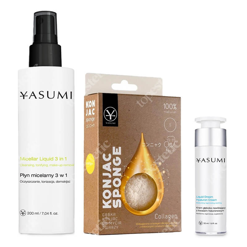 Yasumi Głębokie Nawilżenie ZESTAW Gąbka z kolagenem + Płyn micelarny 200 ml + Krem z kwasem hialuronowym 50 m