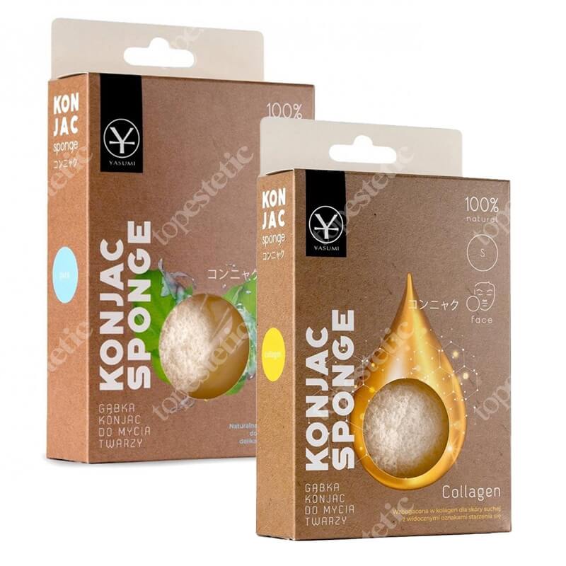 Yasumi Collagen Konjac Sponge S + Pure Konjac Sponge S ZESTAW Gąbka z kolagenem + Naturalna gąbka do  każdego rodzaju skóry 