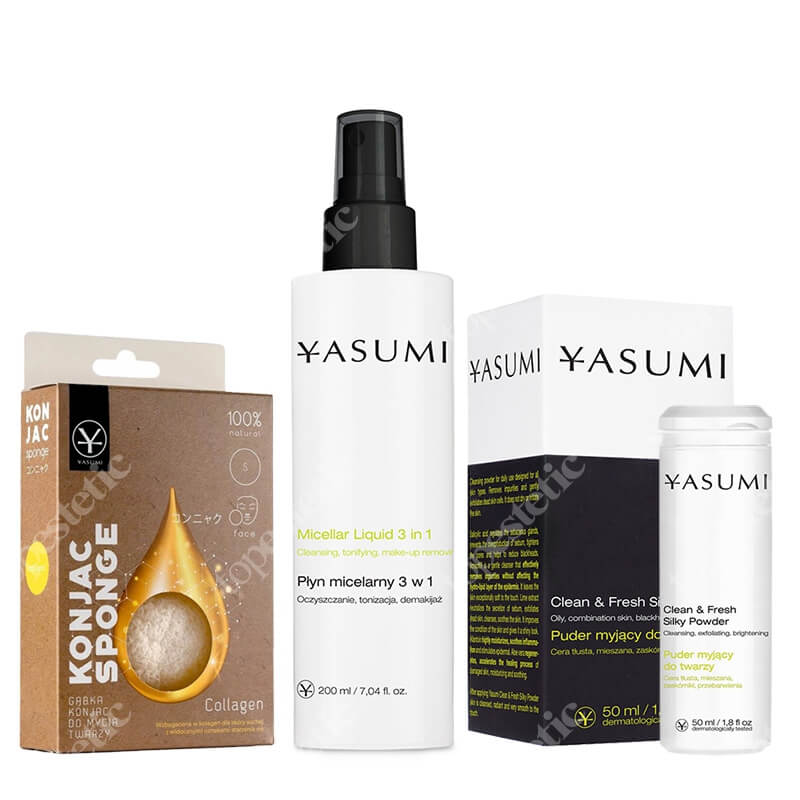 Yasumi Collagen Sponge S + Silky Powder + Micellar Liquid 3 in 1 ZESTAW Gąbka z kolagenem + Oczyszczający proszek 50 ml + Płyn micelarny 3 w 1 200 ml