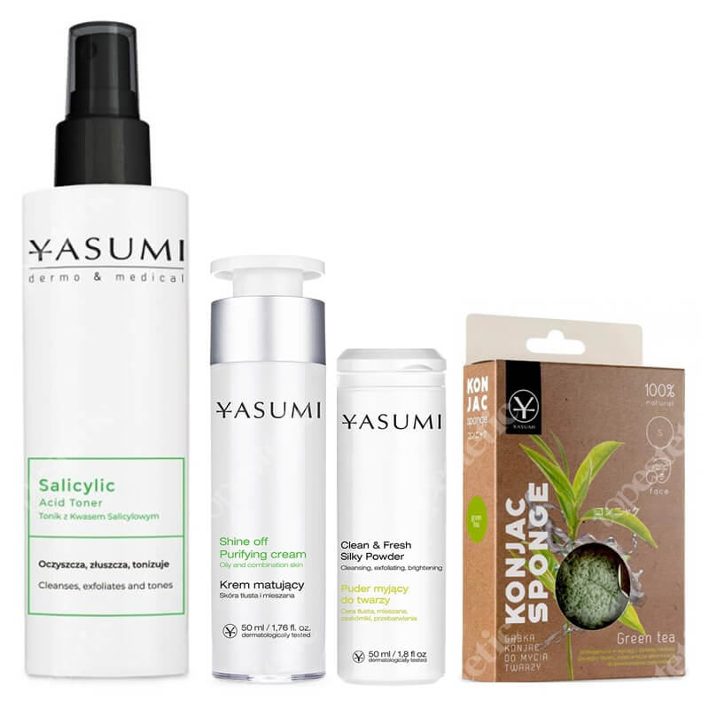 Yasumi Combination and Oily Skin Set ZESTAW Gąbka z zieloną herbatą + Oczyszczający proszek do twarzy 50 ml + Tonik z kwasem salicylowym 200 ml + Matujący krem 50 ml