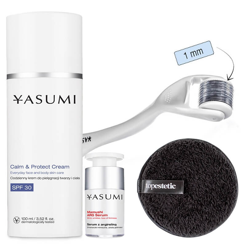 Yasumi Derma Roller + Mamushi ARG Serum + Calm And Protect Cream SPF 30 + Gąbka Topestetic ZESTAW Roller o dł. 1 mm + Serum 15 ml + Krem SPF 30 100 ml + Gąbka 1 szt