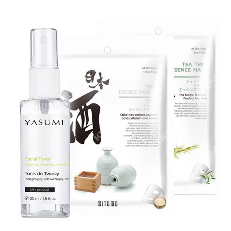 Yasumi Facial Toner + Mitomo Uruuru Sake Essence Mask + Mitomo Uruuru Tea Tree Essence Mask ZESTAW Delikatny tonik do twarzy 50 ml + Japońska maseczka w płachcie z sake 1 szt + Japońska maseczka w płachcie - drzewo herbaciane 1 szt