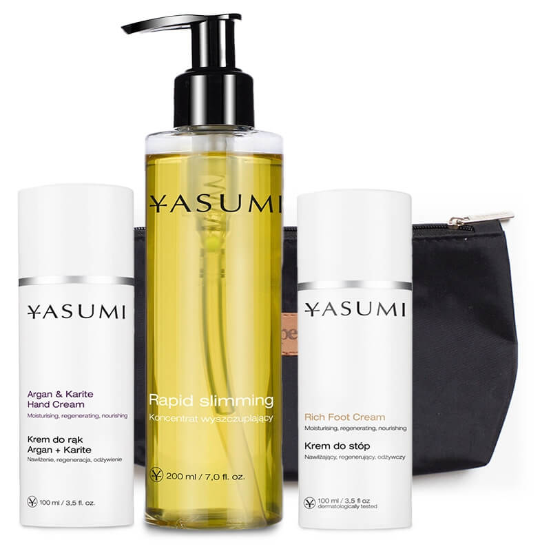 Yasumi Hand Cream + Foot Cream + Rapid Slimming ZESTAW Krem do rąk 100 ml + Krem do stóp 100 ml + Olejek wyszczuplająco-antycellulitowy 200 ml + Kosmetyczka 1 szt