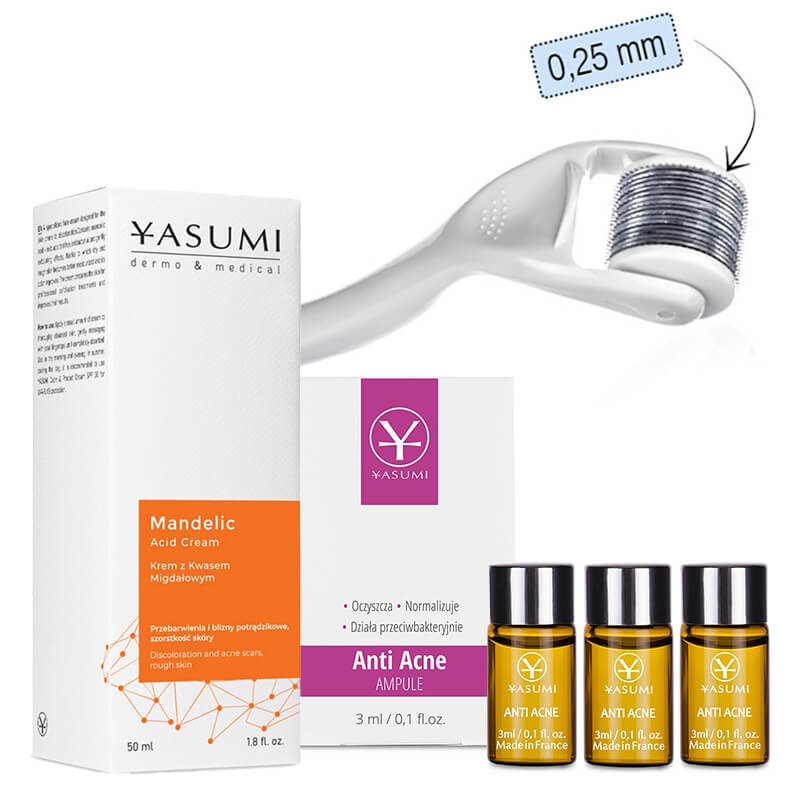 Yasumi Kuracja Przeciwtrądzikowa ZESTAW Roller o dł. 0,25 mm + Ampułka przeciwtrądzikowa 3 ml x 3 + Krem z kwasem migdałowym 50 ml