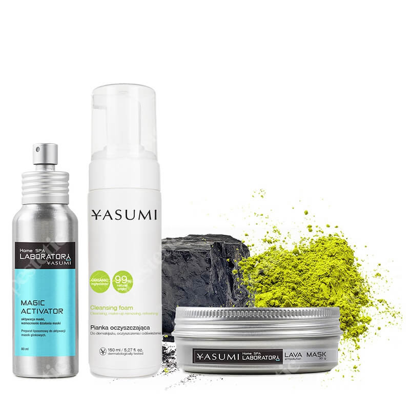 Yasumi Lava Box ZESTAW Maska z węglem aktywnym 30 g + Aktywator do masek 80 ml + Pianka do demakijażu 150 ml