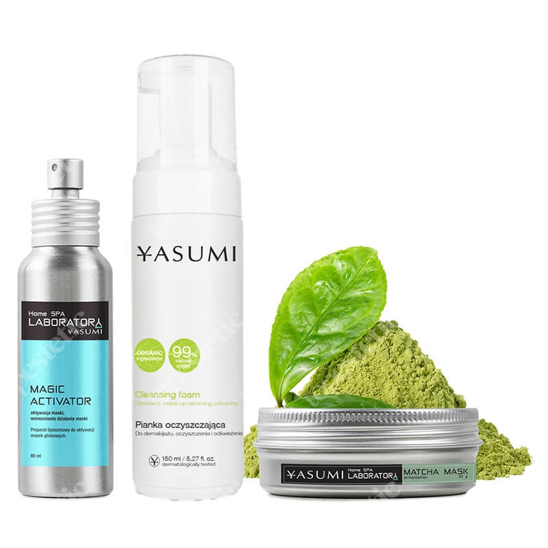 Yasumi Matcha Box ZESTAW Maska z zieloną herbatą matcha 30 g + Aktywator do masek 80 ml + Pianka do demakijażu 150 ml
