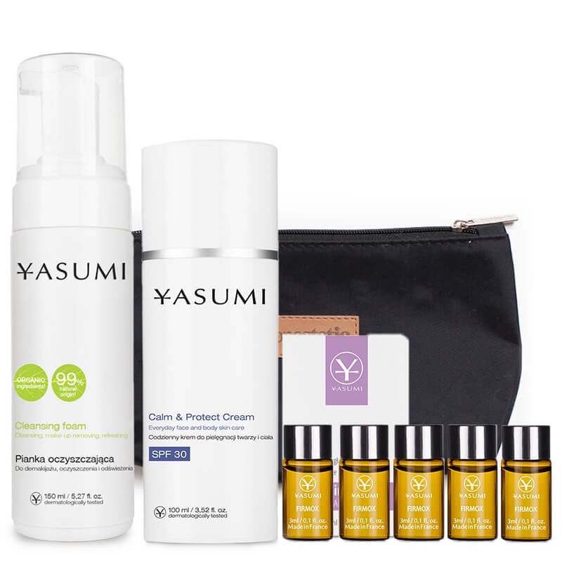 Yasumi Napięcie i Ochrona ZESTAW Pianka 150 ml + Ampułka z efektem jadu żmii 3 ml x 5 + Krem SPF 30 100 ml + Kosmetyczka 1 szt