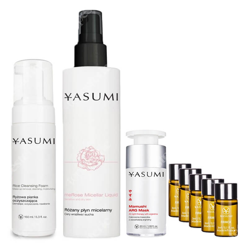 Yasumi Nocna Pielęgnacja Wygładzająco-Napinająca ZESTAW Pianka 150 ml + Płyn micelarny 200 ml + Ampułka 3 ml x 5 + Maska na noc 30 ml