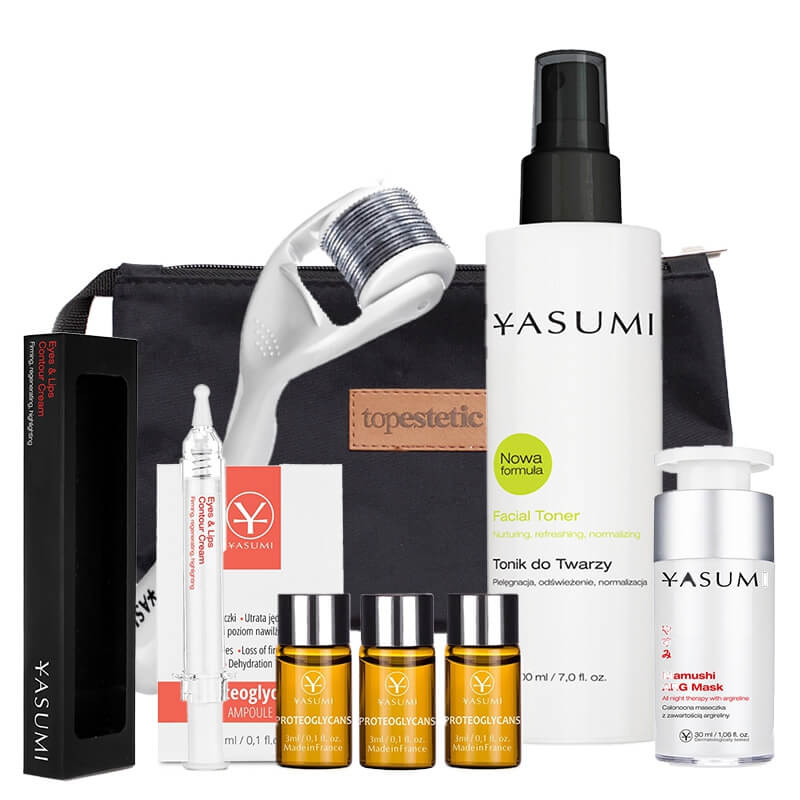 Yasumi Nocne Ujędrnienie ZESTAW Tonik 200 ml + Ampułka 3 ml x 3 + Roller dł. 0,50 mm + Krem pod oczy 10 ml + Maska na noc 30 ml + Kosmetyczka 1 szt