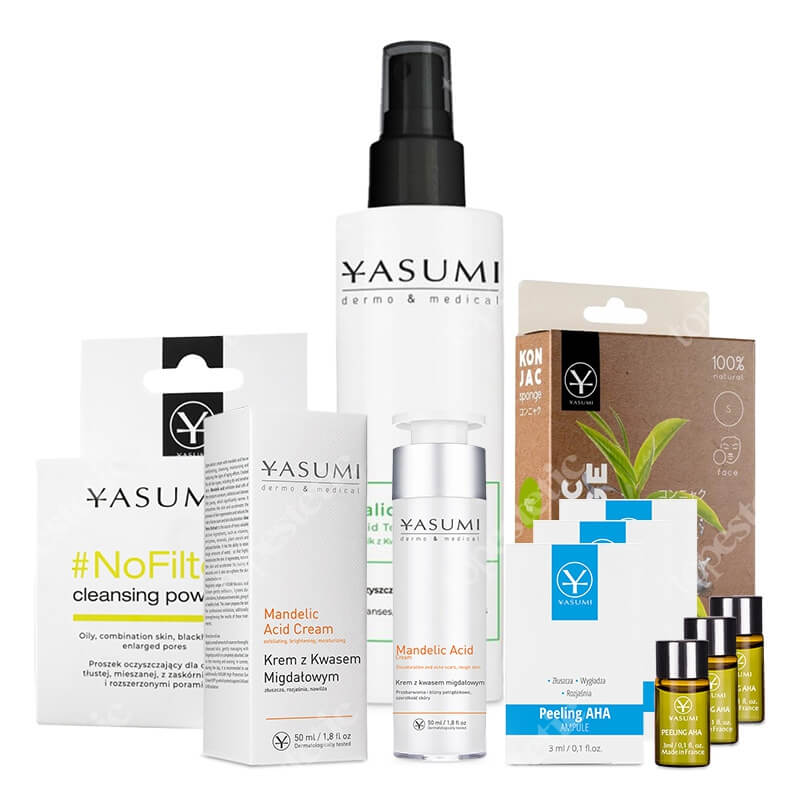 Yasumi Pielęgnacja Cery Tłustej i Mieszanej ZESTAW Gąbka z zieloną herbatą + Puder oczyszczający 10 x 1,5 g + Tonik 200 ml + Ampulka Peeling AHA x 3 + Krem 50 ml