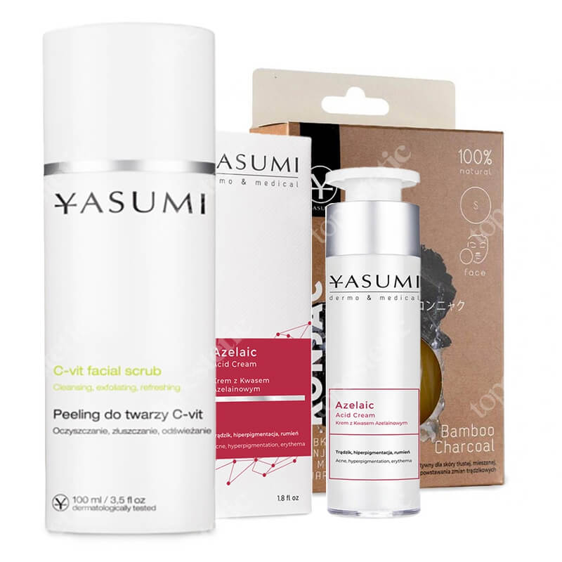 Yasumi Pielęgnacja Oczyszczająca ZESTAW Drobnoziarnisty peeling 100 ml + Gąbka z masą perłową 1 szt + Krem z kwasem azelainowym 50 ml