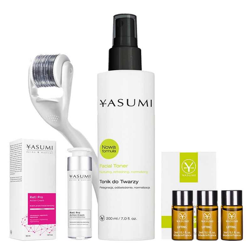 Yasumi Pielęgnacja Przeciwstarzeniowa ZESTAW Ampułka 3 ml x 3 + Roller dł. 0,50 mm + Tonik 200 ml + Krem z retinolem 50 ml