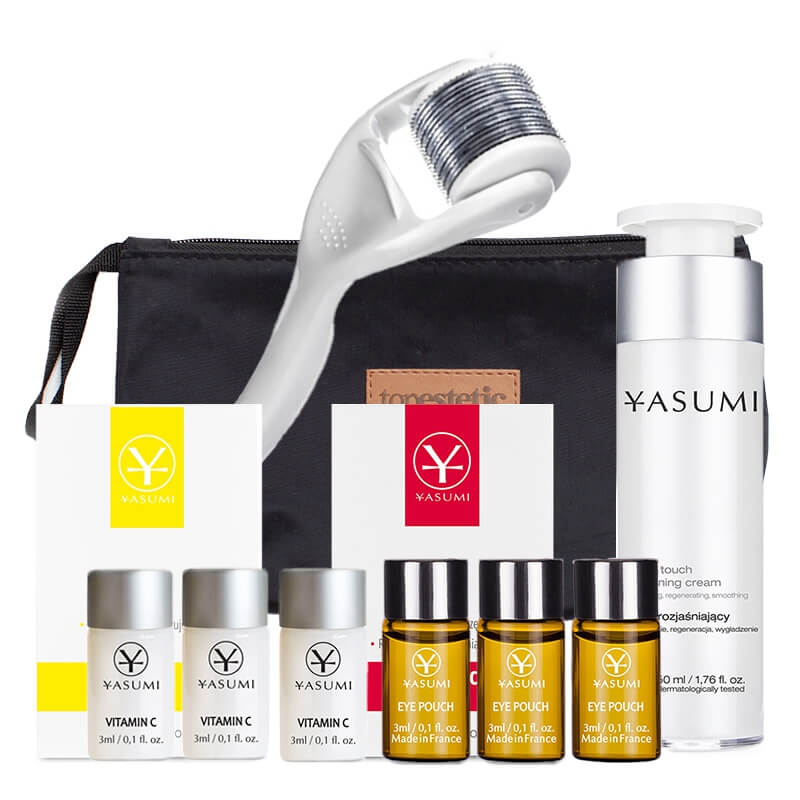Yasumi Pielęgnacja Rozjaśniająca Przebarwienia ZESTAW Ampułka pod oczy 3 ml x 3 + Ampułka z witaminą C 3 ml x 3 + Roller dł. 1 mm + Krem 50 ml + Kosmetyczka 1 szt