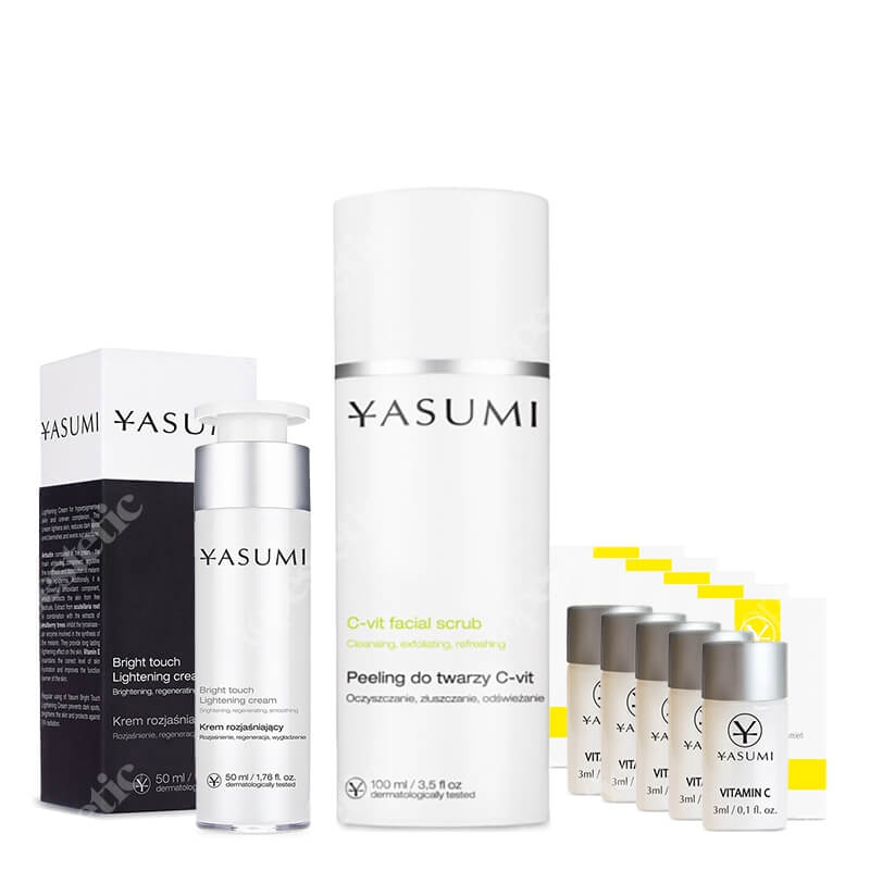 Yasumi Pielęgnacja Rozświetlająca ZESTAW Drobnoziarnisty peeling 100 ml + Ampułka z witaminą C 3 ml x 5 + Rozjaśniający krem na przebarwienia 50 ml