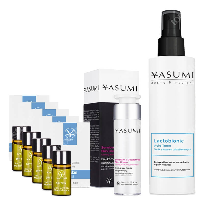 Yasumi Pielęgnacja Skóry Wrażliwej ZESTAW Ampułka nawilżająca 3 ml x 5 + Łagodzący krem na naczynka 50 ml + Tonik z kwasem laktobionowym 200 ml