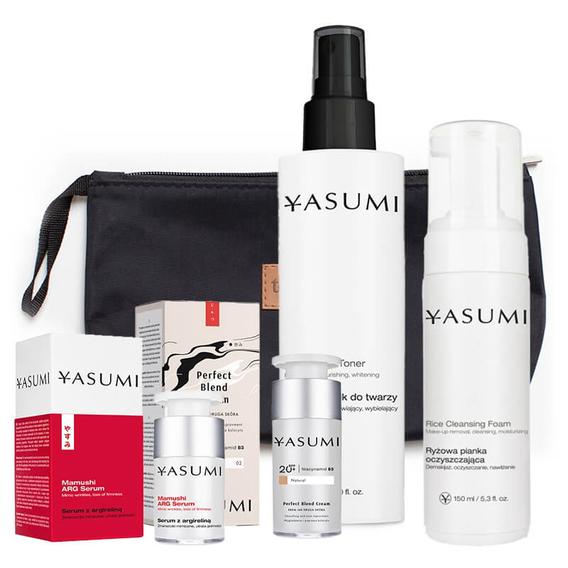 Yasumi Pielęgnacja Ujędrniająco - Tonująca (Natural 02) ZESTAW Pianka 150 ml + Tonik 200 ml + Serum 15 ml + Krem tonujący 30 ml + Kosmetyczka 1 szt
