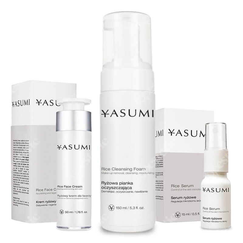 Yasumi Ryżowy Rytuał ZESTAW Pianka myjąca z proteinami ryżu 150 ml + Serum ryżowe 15 ml + Ryżowy krem do twarzy 50 ml