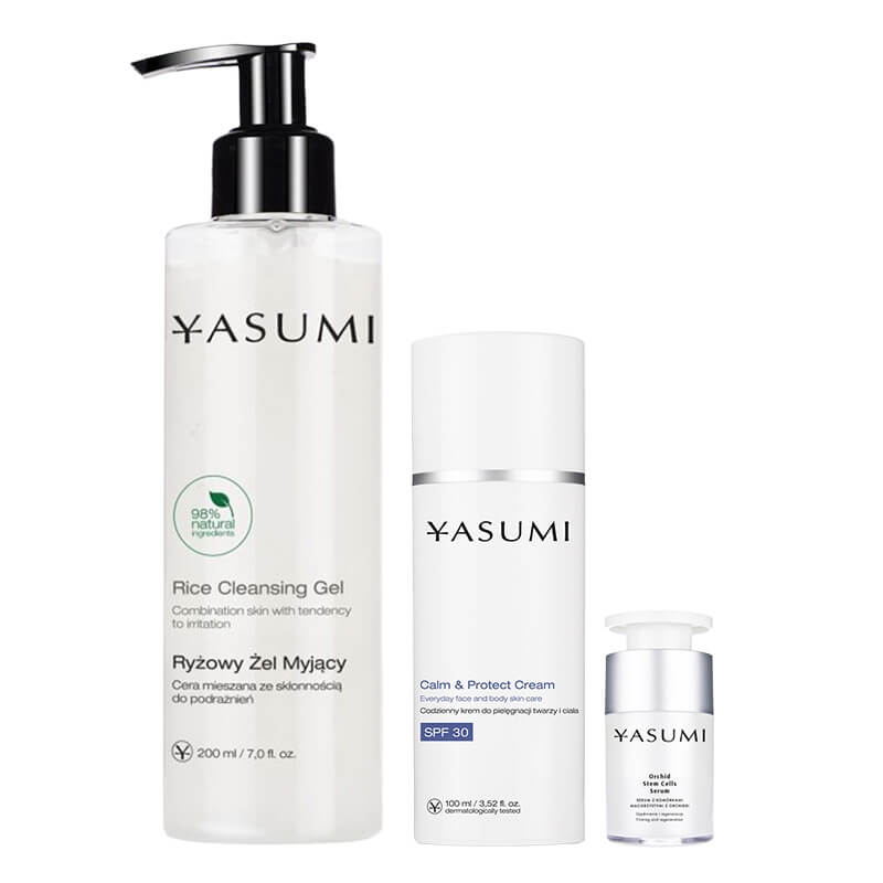 Yasumi Rice + Orchid + SPF 30 Cream ZESTAW Żel do twarzy z ryżem 200 ml + Ujędrniające serum przeciwzmarszczkowe 15 ml + Krem ochronny z filtrem 100 ml