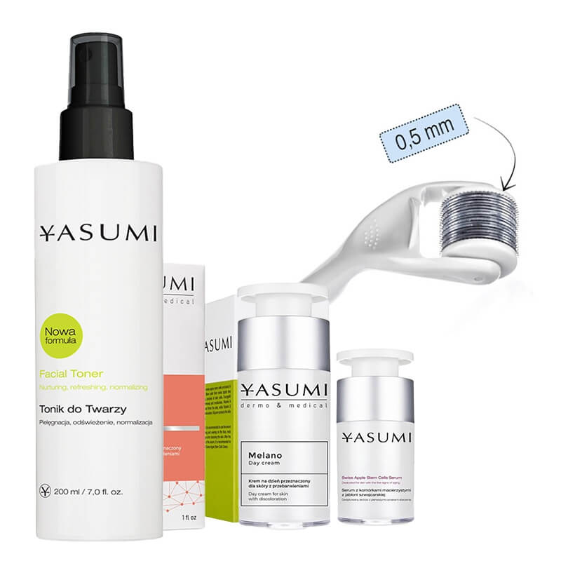 Yasumi Rozjaśnienie i Ujędrnienie ZESTAW Tonik 200 ml + Roller dł. 0,50 mm + Serum 15 ml + Krem 30 ml