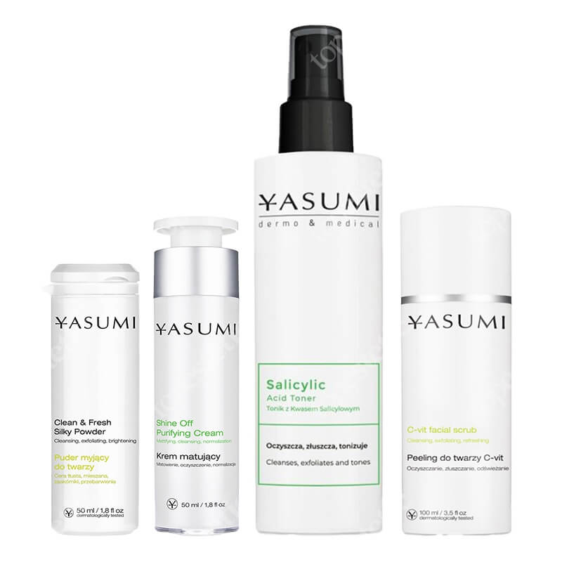Yasumi Shine Off Set ZESTAW Drobnoziarnisty peeling 100 ml + Oczyszczający proszek 50 ml + Tonik z kwasem salicylowym 200 ml + Matujący krem 50 ml