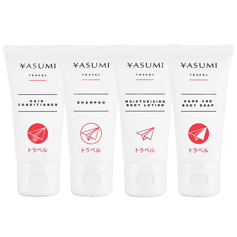 Yasumi Travel Set ZESTAW Podróżna odżywka do włosów 30 ml + Podróżne mydło do ciała i rąk 30 ml + Podróżny balsam do ciała 30 ml + Podróżny szampon 30 ml