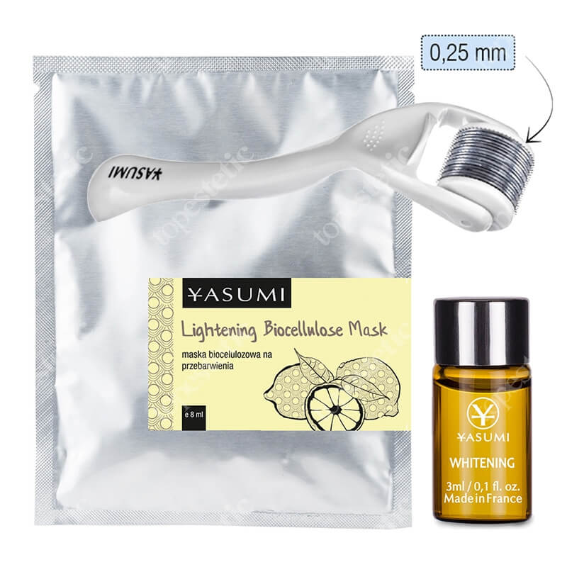 Yasumi Whitening Set + Roller ZESTAW Ampułka na przebarwienia 3 ml + Maska biocelulozowa na przebarwienia 8 ml + Roller do twarzy 0,25 mm