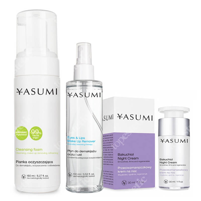 Yasumi Wieczorna Pielęgnacja ZESTAW Płyn do demakijażu oczu i ust 100 ml + Pianka do mycia 150 ml + Krem na noc BAKUCHIOL 30 ml