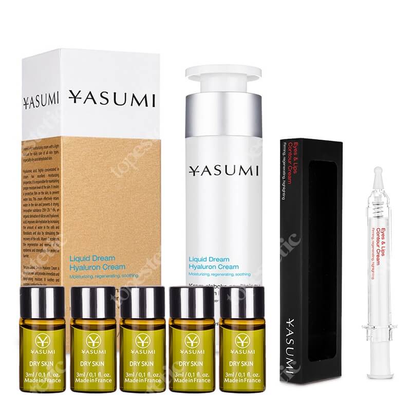 Yasumi Zestaw Głęboko Nawilżający do Skóry Suchej ZESTAW Ampułka 3 ml x 5 + Krem pod oczy 10 ml + Krem z kwasem hialuronowym 50 ml