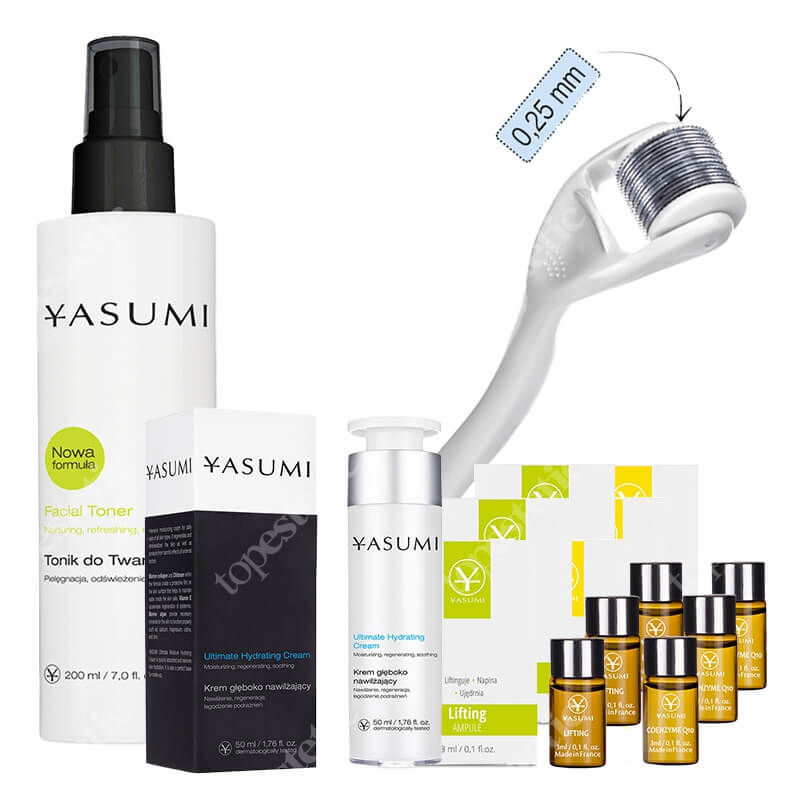 Yasumi Lifting i Ujędrnienie ZESTAW Tonik 200 ml + Ampułka lifting x 3 + Ampułka koenzym Q10 x 3 + Roller 0,25 + Krem z kolagenem 50 ml