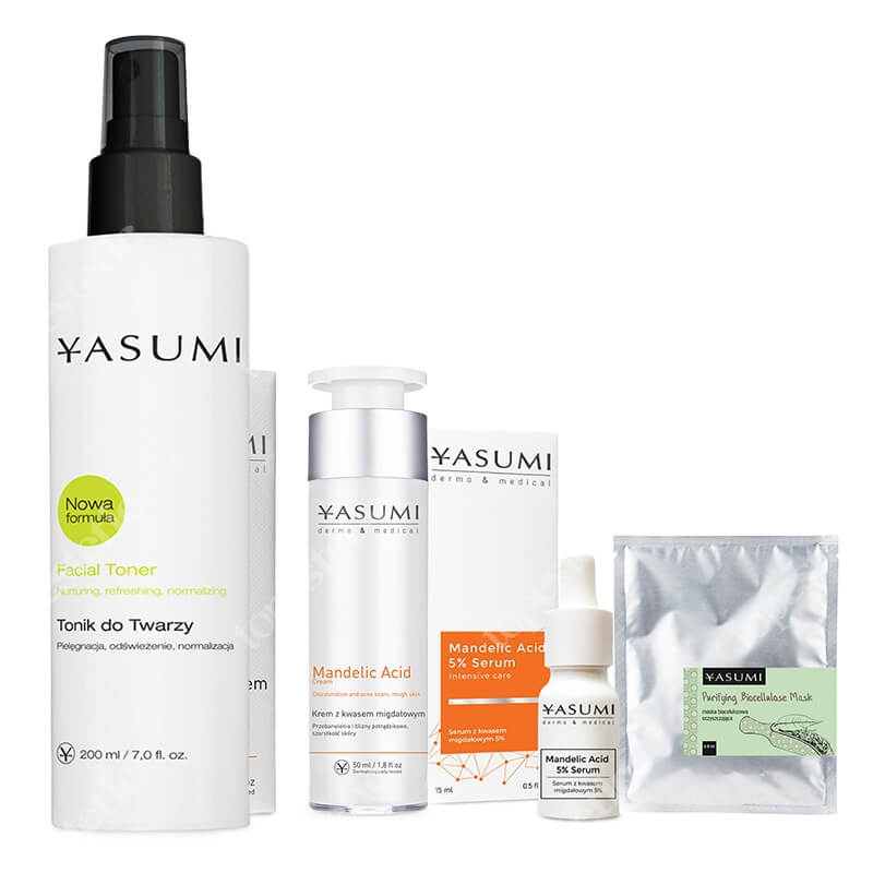 Yasumi Oczyszczenie i Złuszczanie ZESTAW Tonik 200 ml + Maska 8 ml + Serum z kwasem migdałowym 5% 15 ml + Krem z kwasem migdałowym 50 ml