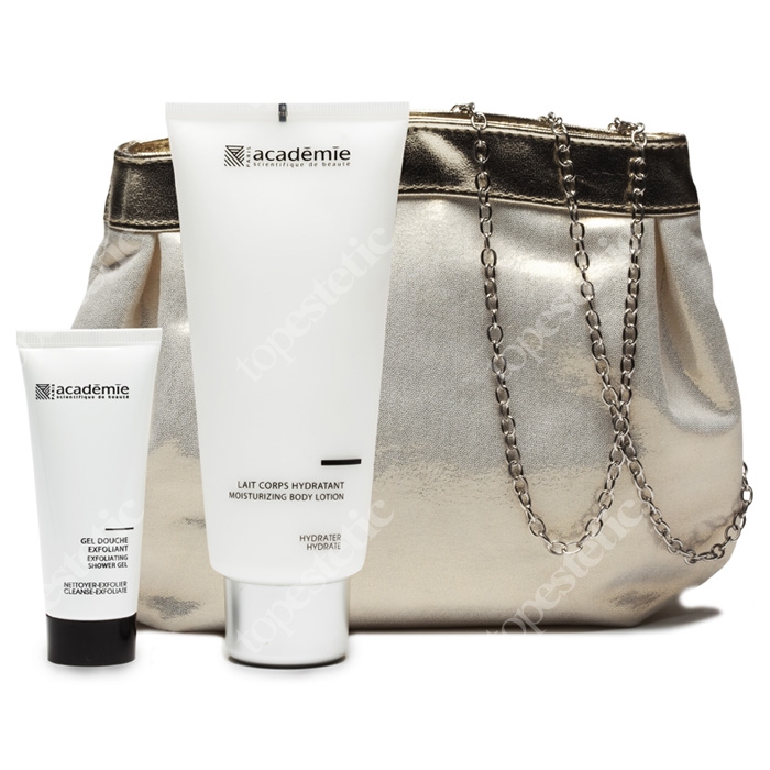 Academie Zestaw do ciała Academie Nawilżające mleczko,Peelingujący żel + Wieczorowa torebka 200 ml, 40 ml