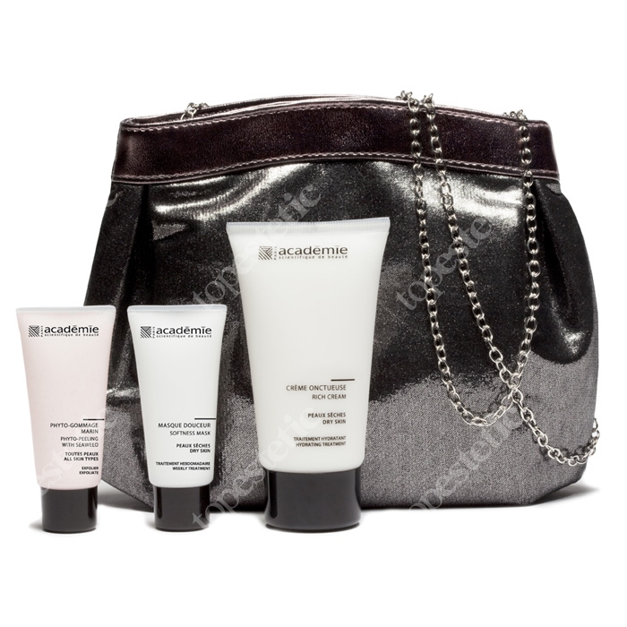 Academie Zestaw do twarzy anty-age Academie Krem piękności dla skóry wrażliwej, Kremowy peeling, Maska + Wieczorowa torebka75 ml, 15ml, 15 ml