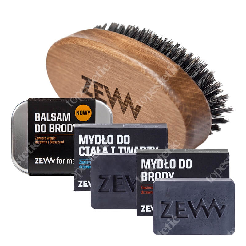 Zew For Men Barber Set ZESTAW Mydło do brody 85 ml + Szczotka 1 szt + Balsam do brody 80 ml + Mydło do twarzy i ciała 85 ml