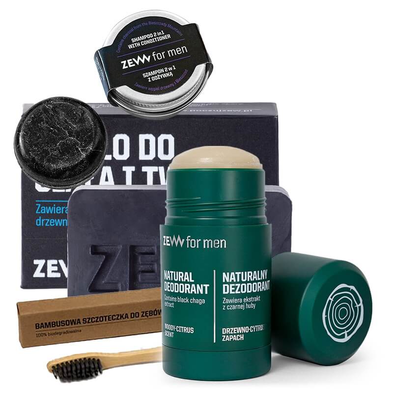 Zew For Men Best For Men ZESTAW Dezodorant w sztyfcie 80 g + Mydło do ciała i twarzy 85 ml + Szampon z odżywką 15 ml + Bambusowa szczoteczka do zębów 1 szt