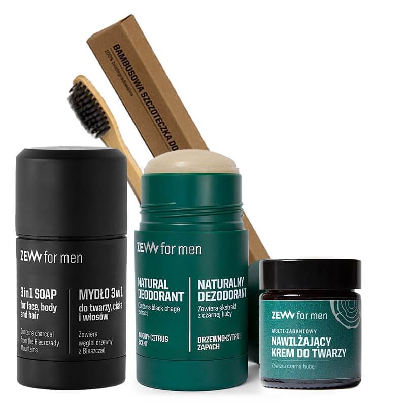 Zew For Men Favorite Set ZESTAW Naturalne mydło 3w1 85 ml + Krem 30 ml + Dezodorant w sztyfcie 80 g + Szczoteczka do zębów 1 szt