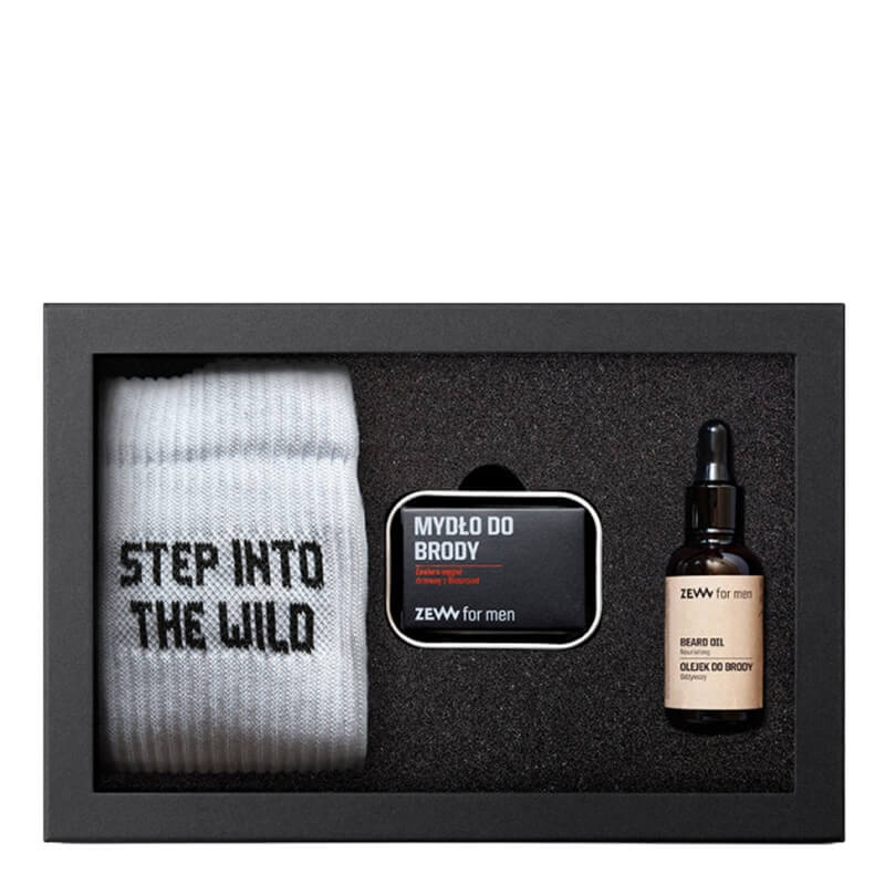 Zew For Men Nieokiełznany Drwal z Mydłem do Brody ZESTAW Olejek do brody 30 ml + Mydło do brody 85 ml + Mydelniczka (kolor srebrny) + Skarpety 1 para