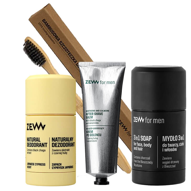Zew For Men Travel Set ZESTAW Krem po goleniu 80 ml + Naturalny dezodorant w sztyfcie 80 ml + Szczoteczka do zębów 19 cm + Mydło 3w1 w sztyfcie 85 ml