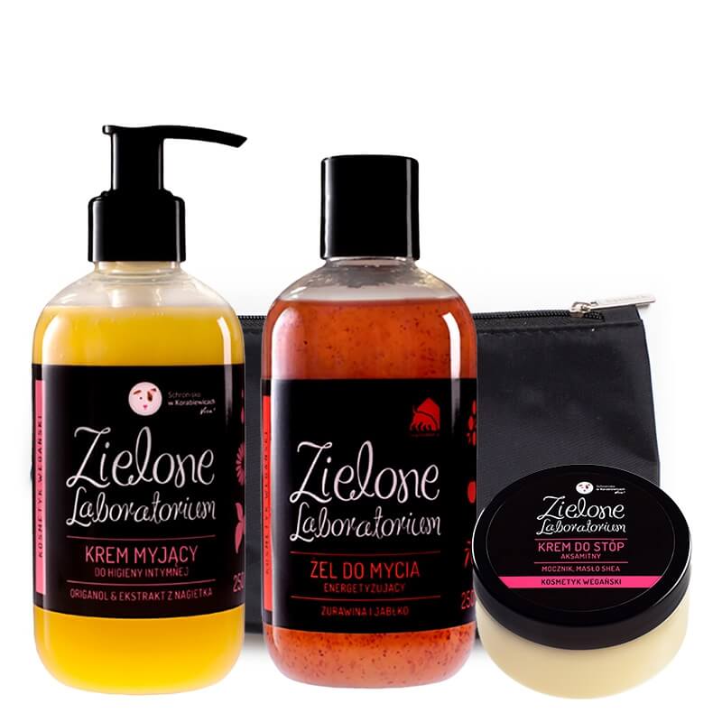 Zielone Laboratorium Krem Do Higieny Intymnej + Żel + Krem Do Stóp ZESTAW Origanol i ekstrakt z nagietka 250 ml + Żurawina i jabłko 250 ml + Mocznik, masło Shea 100 ml + Kosmetyczka 1 szt