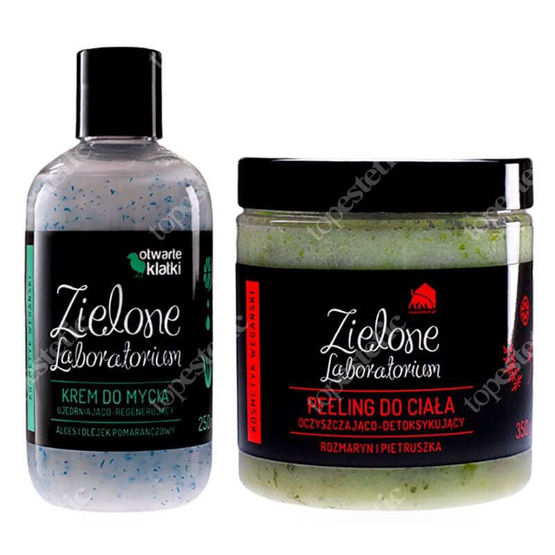 Zielone Laboratorium Peeling oczyszczająco-detoksykujący + Ujędrniający Krem Do Mycia ZESTAW Rozmaryn i pietruszka 350 g + Aloes i olejek pomarańczowy 250 ml