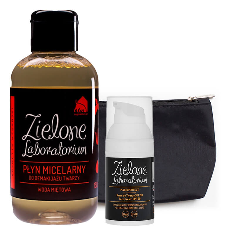 Zielone Laboratorium Płyn Micelarny + SPF 50 ZESTAW Woda miętowa 150 ml + Krem z filtrami mineralnymi SPF 50 + Kosmetyczka 1 szt