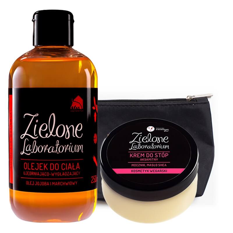 Zielone Laboratorium Ujędrniający Olejek + Aksamitny Krem Do Stóp ZESTAW Olej jojoba i marchwiowy 250 ml + Mocznik, masło Shea 100 ml + Kosmetyczka 1 szt